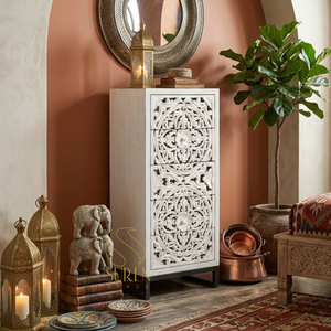 Retro Carved Wood Storage <b>Cabinet</b> Distressed Bedside Table Tall Drawer Organizer for Bedroom Living Room - Product Image 1