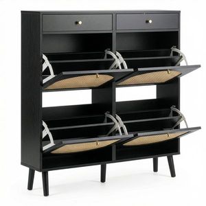 Scarpiera Nera in Rattan 105x24x110cm con 2 Cassetti e 4 Sportelli a Ribalta, Realizzata in Truciolato - Product Image 2