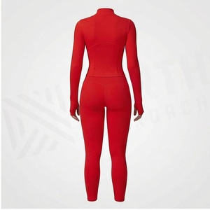Modern Approach 2 Piece Yoga Set Full Length Zipper Front Solid Red High Waist Active Stretch Women's Sportswear - Product Image 2