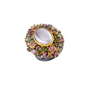Anillo con Forma de Flor con Cuarzo Rosa Natural y Piedras Preciosas Multicolores, Plata de Ley 925, Chapado en Oro de 22k, Estilo Bohemia, Joyería Fina - Product Image 3