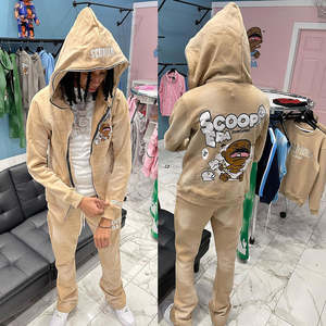 Ensemble sweat à capuche et pantalon évasé respirant pour homme avec fermeture éclair, en molleton 100% coton, délavage vintage effet soleil, broderie logo - Product Image 3