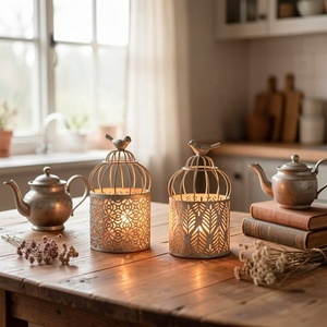 Bird Cage Style Moroccan <b>Lantern</b> <b>Set</b> with Intricate Metal Cutwork Candle Holders for Elegant Home Table Decor - Product Image 3