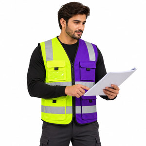 Gilet de sécurité haute visibilité violet jaune fluorescent avec fermeture éclair, vêtement de travail avec plusieurs poches et bandes réfléchissantes - Product Image 5