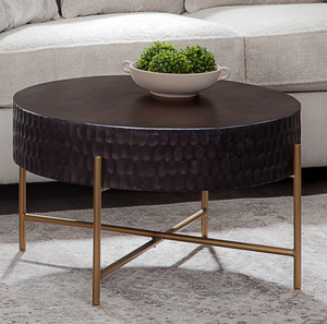 Table basse multifonctionnelle moderne avec plateau en bronze et support en métal doré, forme ronde avec rangement en métal pour la décoration du salon - Product Image 1