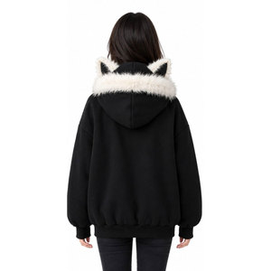Sweat-shirt à capuche noir 2027 avec doublure en fausse fourrure, oreilles de chat, pour femme, hiver, chaud, surdimensionné - Product Image 3