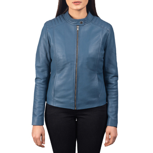 Women Blue Genuine Leather Jacket Slim Fit Turn-down Collar Zip Front Premium Quality OEM ODM Wholesale Supply Eco-Friendly - Product Image 4