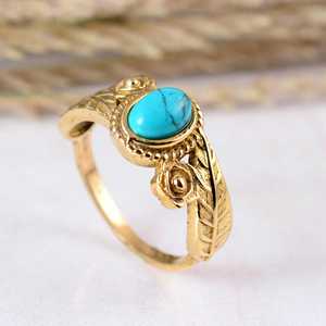 Wholesale Handcrafted Blue Turquoise Brass <b>Ring</b> 14k Gold Plated Leaf Motif Texture Dainty Band Unisex Engagement Bohemian Nature - Product Image 4