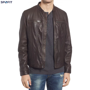 Veste de moto noire lavée sur mesure, style vintage Cafe Racer avec bandes de course orange, en cuir de vache véritable - Product Image 1