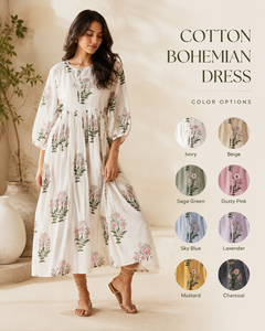 Vestido Largo Kaftán Bohemio de Algodón 100% con Estampado Floral de Jaipur, Holgado, Natural, Transpirable, para Mujer, Verano, Playa, Resort - Product Image 3