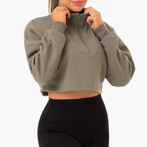 Women's Custom Logo Cotton Fleece Knitted Hooded Jumper Vintage Embroidered Sports Gym Suit with Half Zip Winter ODM Supply - Product Image 3