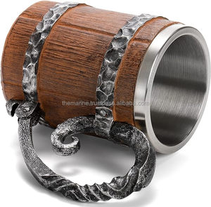 Wooden Barrel Beer <b>Mug</b> Double Wall Stainless Steel <b>Vintage</b> Beer Cup Handmade Medieval Cocktail With Handle - Product Image 3