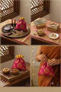 Handcrafted Cotton Metallic Gold Leaf Pattern Potli Shape Festive Favor <b>Bags</b> Elegant Indian Style Wedding Gifts Packaging Pouch - Product Image 3