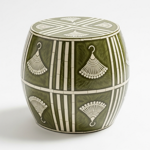 Tabouret tambour en os vert incrusté fait main – Table d'appoint ronde de luxe avec motifs géométriques et en éventail, table décorative - Product Image 1