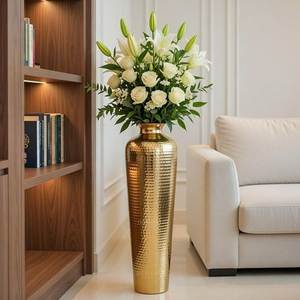 Premium Floral Cutwork Metal <b>Tall</b> Floor Lamp Moroccan Gold Plating Shiny Finished Flower Vase Bohemian Brass Vase - Product Image 4