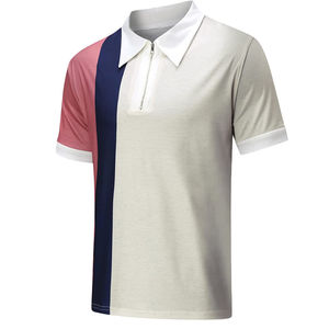 เสื้อเชิ้ตผู้ชายแขนสั้นคอปกพับได้ ผ้าฝ้ายถัก 100% ระบายอากาศได้ดี ทรงปกติ สีกรมท่า ขาว ชมพู ซิปด้านหน้า - Product Image 3