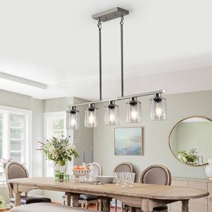 Lampadario a sospensione contemporaneo da 37 pollici per isola cucina, 5 luci, nichel spazzolato, paralumi in vetro trasparente, per sala da pranzo e stile rustico - Product Image 3