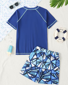Boys Blue Geometric Print Swim Set Short Sleeve Top and Shorts Casual Summer Outfit - Product Image 2