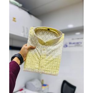 FASHIONABLE COTTON EMBROIDERY PRINTED MEN'S WEAR <strong>KURTA</strong> WITH PAYJAMA <strong>YELLOW</strong> WITH WHITE - Product Image 2