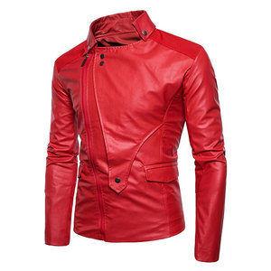 Blouson moto en cuir PU rouge pour homme, col rabattu, fermeture éclair, coupe ajustée, manches classiques, pour l'automne - Product Image 2