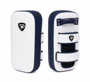 Guantes de Boxeo DUMELA WHITE NAVY LEATHER PROTECTIVE, Modelo DI-MK 8, Diseño Contorneado Duradero para Entrenamiento de Muay Thai, Pakistán - Product Image 1
