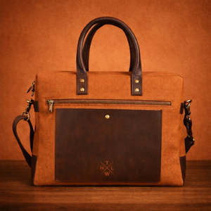 Porte-documents classique en toile pour ordinateur portable, couleur orange bicolore, sac de bureau professionnel durable avec poignées en cuir et bandoulière - Product Image 1