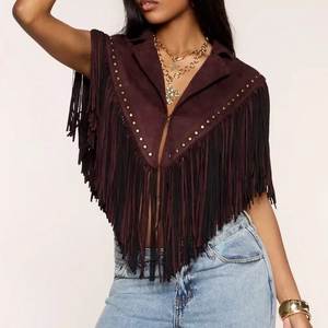 Chal con flecos color borgoña para mujer, con tachuelas y borlas, bufanda corta de poliéster de color sólido, estilo bohemio para uso diario - Product Image 2