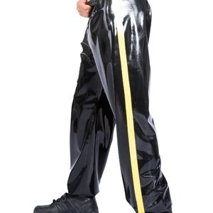 Men's Black PU Coated Sporty Pants With Yellow Side Stripe Elastic Waist <b>Waterproof</b> <b>Trousers</b> - Product Image 1
