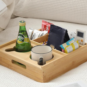 2026 Trending Modern Premium Food Grade Bamboo Multifunction Couch <b>Caddy</b> Cup Holder Tray for Drinks Snacks and Remotes - Product Image 3