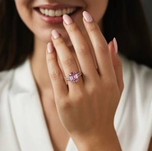 925 Sterling <b>Silver</b> 18K Gold Plated <b>Emerald</b> Cut Pink Moissanite Luxury Gemstone Wedding Engagement <b>Ring</b> Third Party Certified - Product Image 2