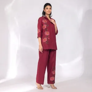 Conjunto de Dos Piezas para Mujer, Color Granate, Bordado, Algodón, Manga Tres Cuartos, Diseño Floral, Corte Holgado, Casual, Primavera-Verano - Product Image 5