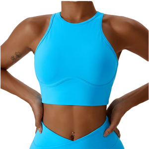 Sujetador deportivo de espalda cruzada para mujer, color blanco, soporte medio, cuello redondo, color liso, de elastano y poliéster, ajuste ceñido. - Product Image 5