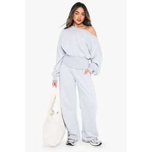 Ensemble de survêtement en tricot gris pour femmes, 2 pièces, haut épaules dénudées, pantalon large, coupe décontractée, toutes saisons, couleur unie, jogging - Product Image 3