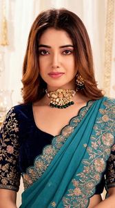 Sari en soie turquoise avec broderie dorée et chemisier noir, tenue de mariage traditionnelle indienne et pakistanaise pour femme, longueur au sol, protection solaire intégrale - Product Image 3