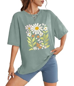 Camiseta de Algodón 100% Estampada al por Mayor para Mujer, Manga Corta, Cuello Redondo, Hombro Caído, Cómoda, Oversize, de Bangladesh - Product Image 1