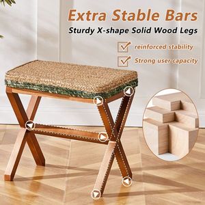 Natural Seagrass Rectangular Ottoman Footstool with Wooden Legs Hand-Woven Footrest for Living Room - Product Image 4