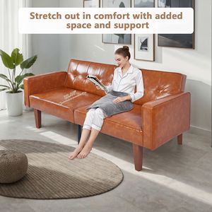 Sofá Futón Moderno de Estilo Mediados de Siglo, en Cuero PU, Ajustable y Reclinable, con Respaldo Acolchado y Patas de Madera y Metal, Sofá Cama - Product Image 6