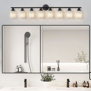 Specchio da Bagno Moderno a 8 Luci, 52 Pollici, Vetro Smerigliato Bianco con Cornice in Ferro Nero, Applique da Parete Contemporanea per Camera da Letto - Product Image 4