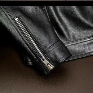 Chaqueta Casual de Cuero Genuino Negra para Hombre, con Cuello Camisero, Cierre Frontal, Chaqueta de Cuero para Exteriores con Múltiples Bolsillos - Product Image 2