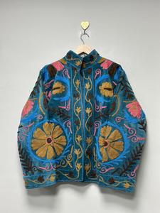 Vintage Sky Blue <b>Velvet</b> Suzani Embroidered <b>Jacket</b> with Floral Pattern Full Sleeve Stand Collar Bohemian <b>Women's</b> Winter <b>Jacket</b> - Product Image 4