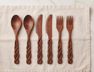 Juego de cubiertos de madera moderno con mangos trenzados clásicos para cocinar, servir, usar en la cocina del hogar y para las comidas familiares diarias. - Product Image 1