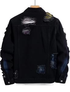 Unisex <b>Punk</b> Style Ripped Bomber <b>Jacket</b> Black Hooded Collar Regular Length Zipper Closure Slim Fit Cotton Material Front Autumn - Product Image 2