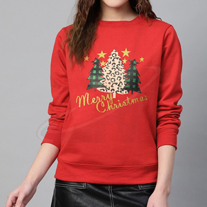 Women <b>Red</b> Christmas Sweatshirt Leopard Print Crew Neck Full Sleeve Knitted <b>Glitter</b> Embroidery Winter Wear - Product Image 1