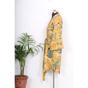 Chemise kimono en coton indien imprimé à la main pour femmes, manches longues, longueur midi, robe de nuit pour l'été - Product Image 5