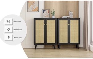 Modern black Wood and Rattan Two Door <b>Storage</b> Cabinet with Black Finish Modern Organizer for Living Room Bedroom and Office - Product Image 6