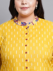 Cotton Anarkali <b>Kurti</b> In Mustard Ikat And Floral Print With Ruffle Sleeves Mandarin Collar For Plus Size Women's Wear - Product Image 5