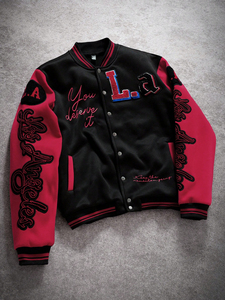 Chaqueta Varsity Letterman para Hombre, Negra y Roja, con Cierre de Broches, Bordada, Estilo Urbano, Chaqueta Bomber - Product Image 4
