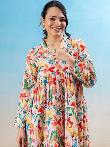 Robe de soirée mi-longue pour femme en mousseline de soie, col en V, à fleurs, manches longues, élégante, mode urbaine - Product Image 3