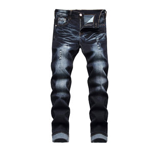 <b>Men</b> Distressed Jeans <b>Pant</b> Washed <b>Stretch</b> Fabric Straight Leg Ripped Design Casual Modern Street Style Clothing - Product Image 1