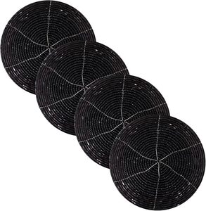 Handmade Customized Glass Beads <b>Round</b> Coaster Bohemian Design Black Woven <b>Placemat</b> - Product Image 4