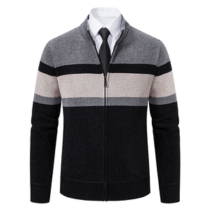 Men's Gray And <b>Black</b> Striped Knit <b>Cardigan</b> Full Zipper Mandarin Collar Regular Sleeve Autumn Wear Anti-Pilling <b>Wool</b> Acrylic - Product Image 5
